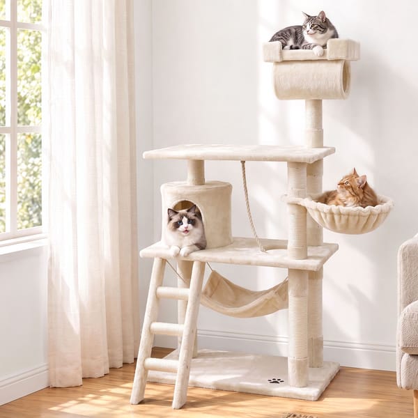 Beige cat tree with scratching posts, condo and perches, 141 cm tall.