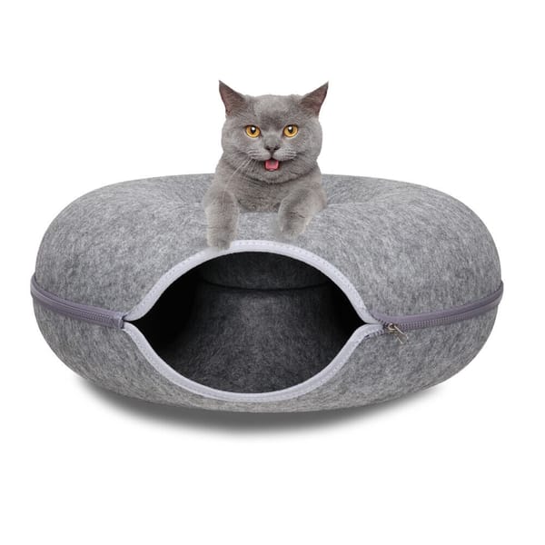 Round felt donut cat tunnel bed.