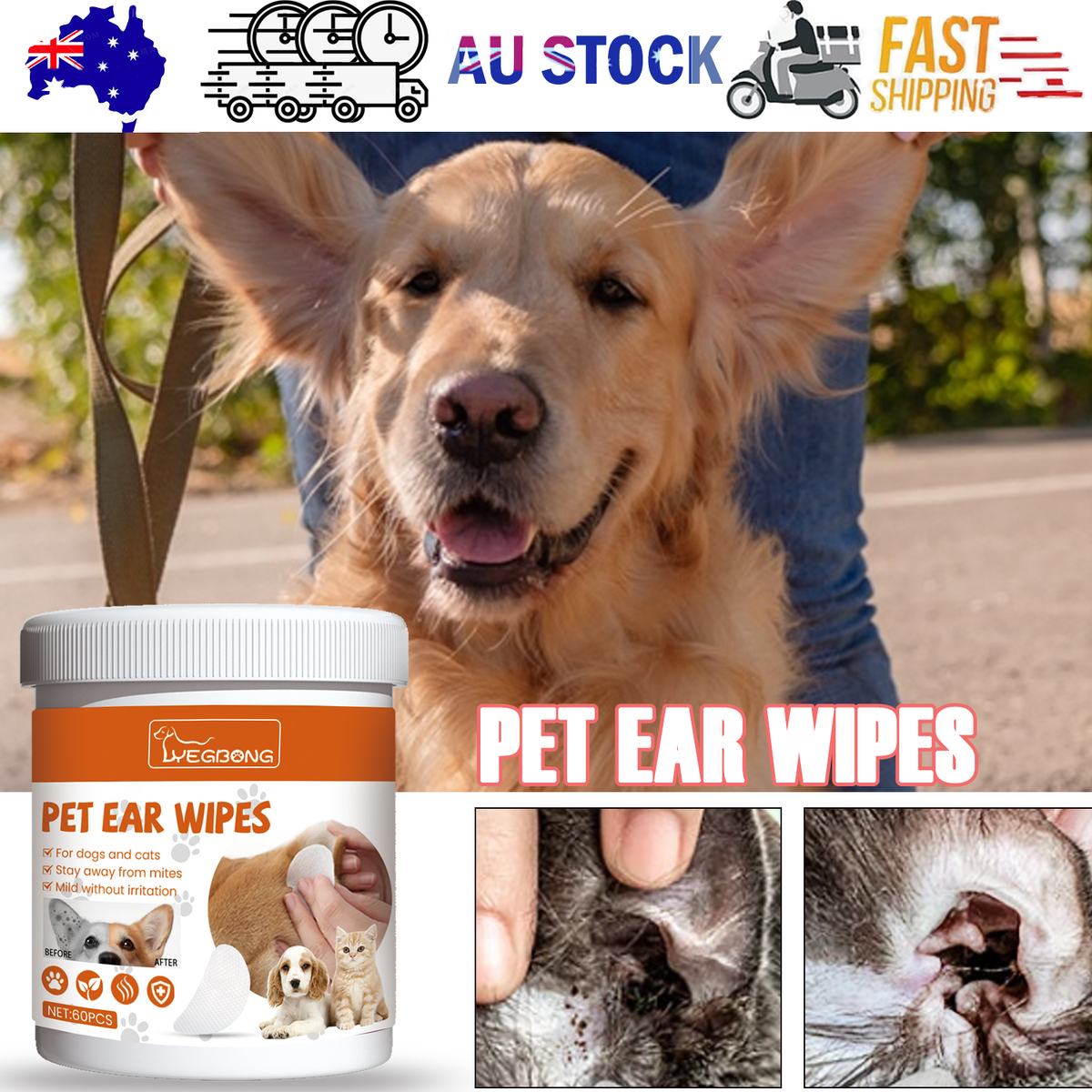 Yegbong Pet Ear Cleaning Wipes, 60 Pack