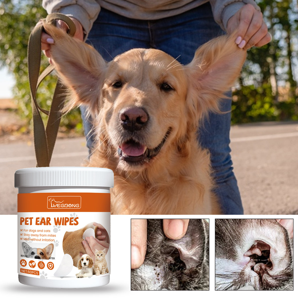 Yegbong Pet Ear Cleaning Wipes, 60 Pack