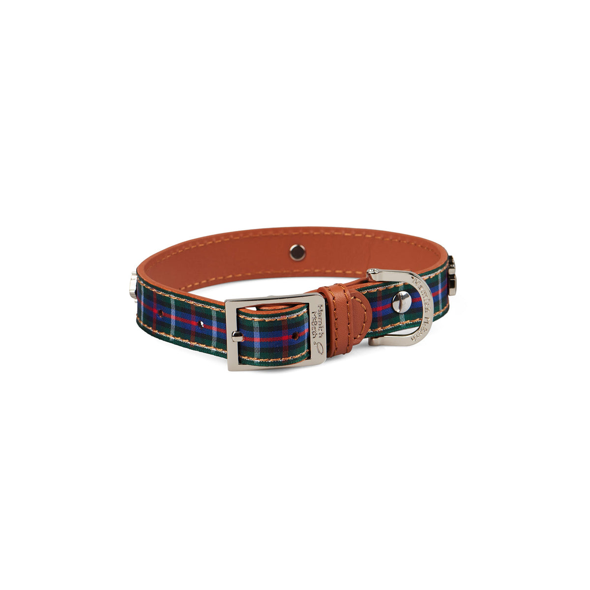 Blue tartan dog collar with leather backing, buckle, D-ring and decorative studs.
