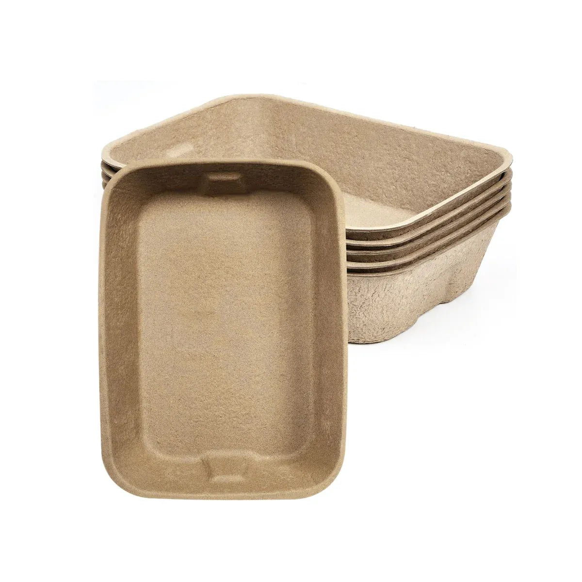 Disposable pulp cat litter tray on white, approximately 41 x 32 x 9.5 cm; sold as a pack of 10.
