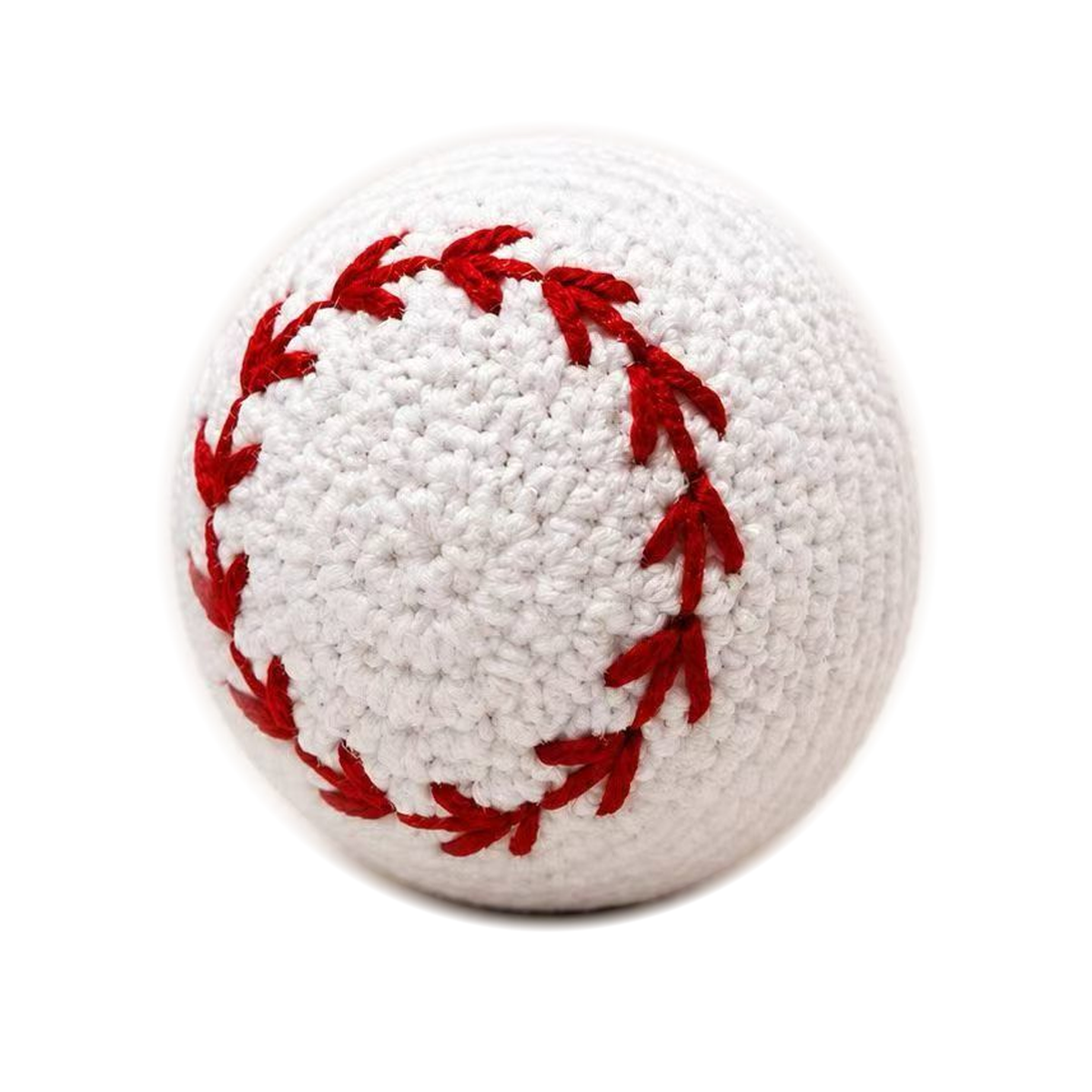 White crochet-style baseball dog toy with red stitching, on an ivory background; approximately 8 cm.