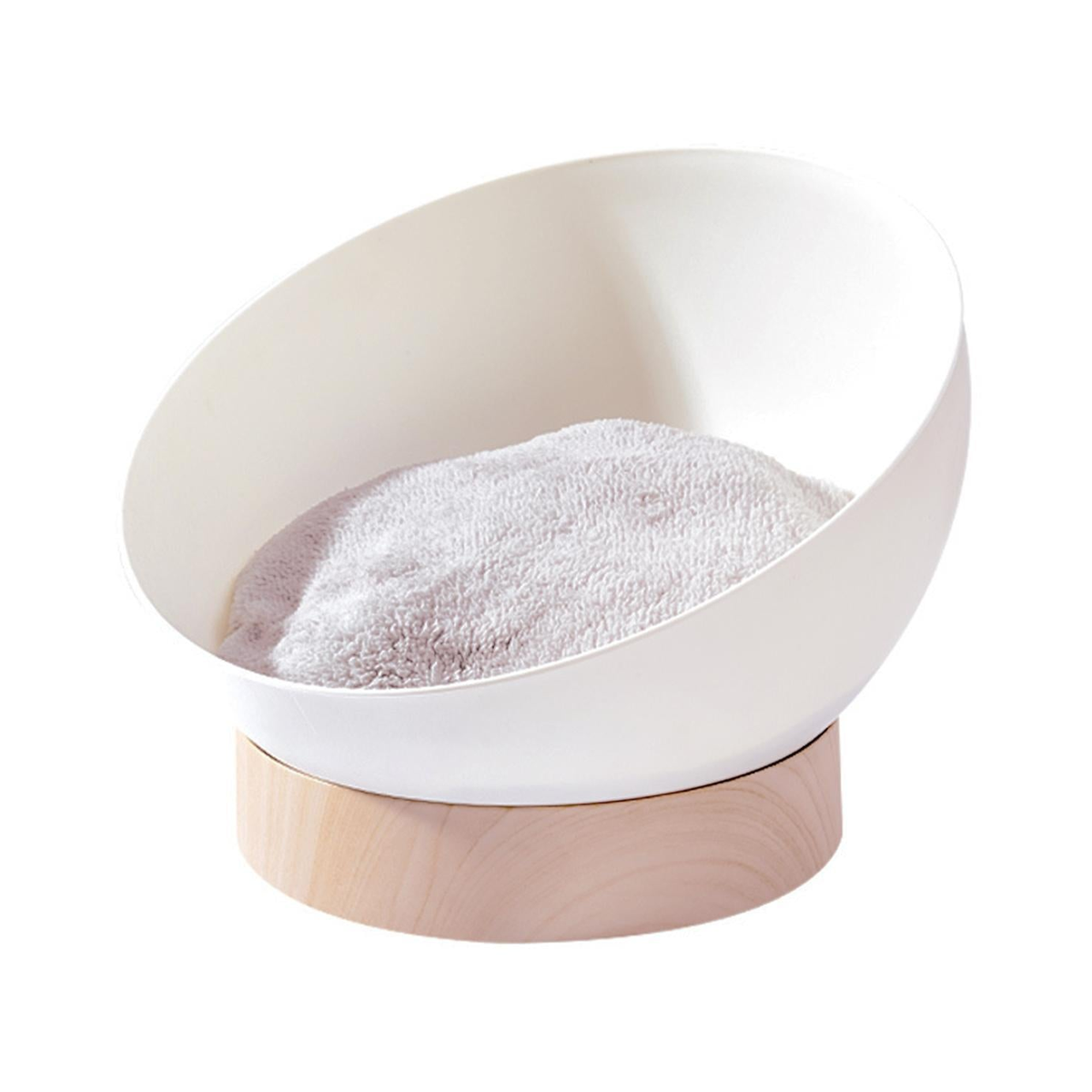 Rounded white cat bed with a fabric cushion on a wood-look base.