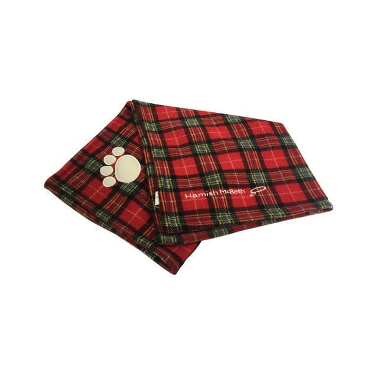 Folded red tartan fleece dog blanket with an embroidered paw and Hamish McBeth branding.