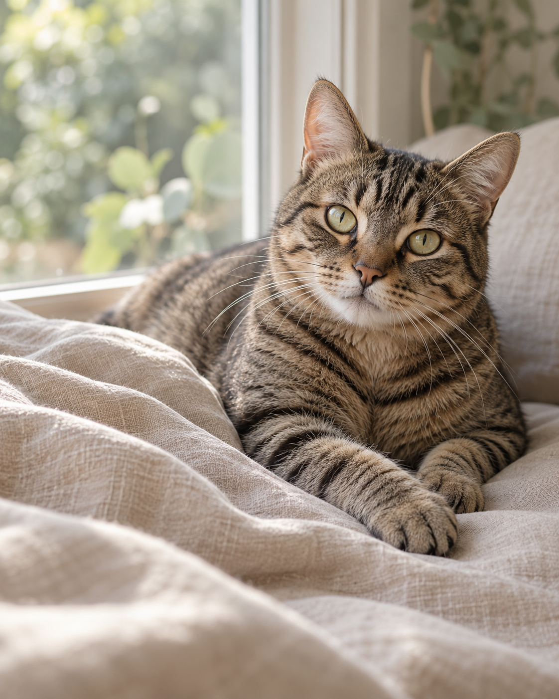 Tabby cat resting in soft linen beside a sunlit window.