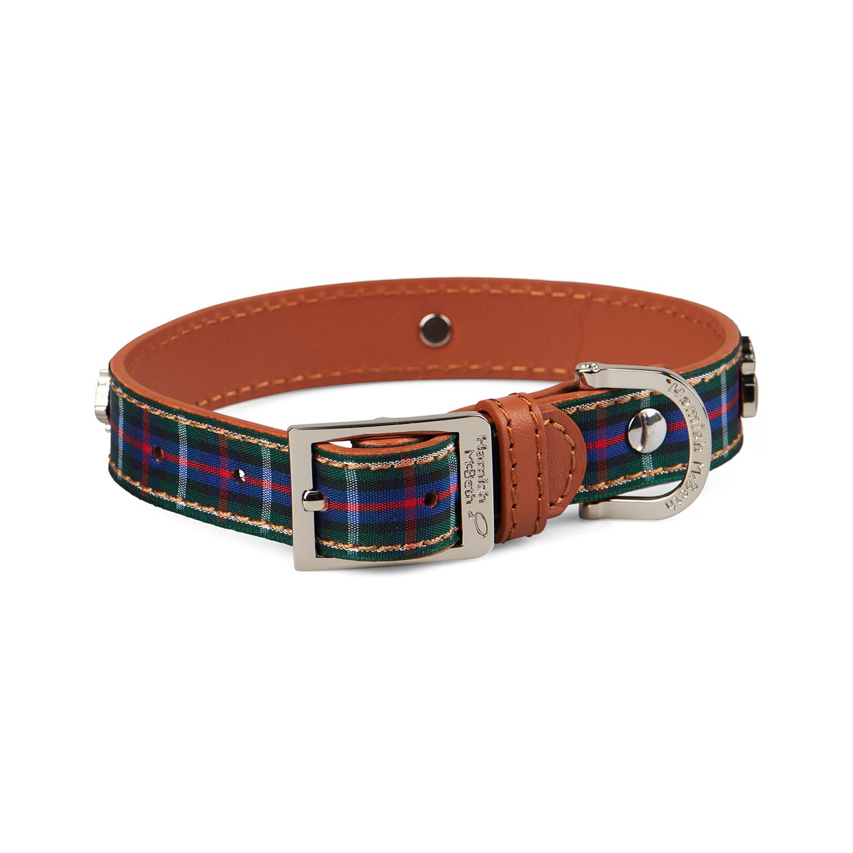 Blue tartan dog collar with leather backing, buckle, D-ring and decorative studs.