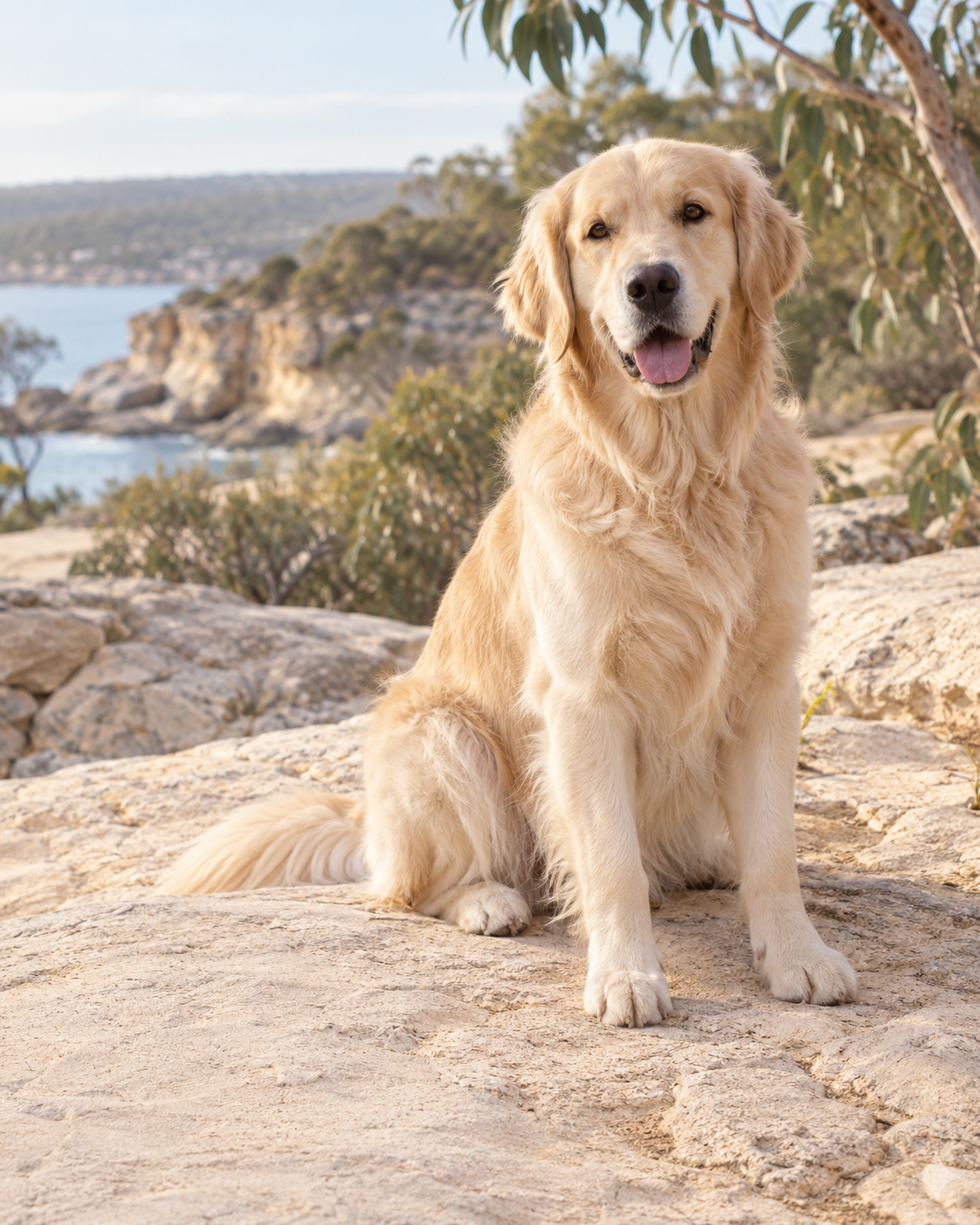Golden retriever in soft natural light on a sandy stone terrace.