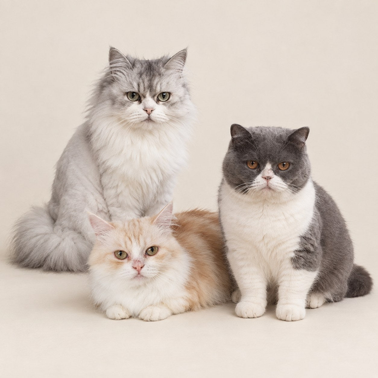 Tété, Kyu-Kyu and Coco, the founder's three cats, sitting together.