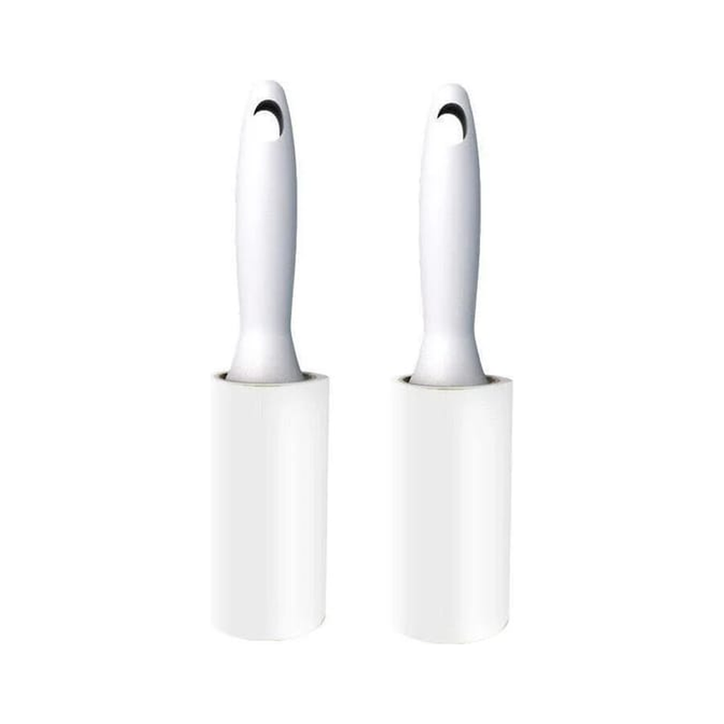 Representative image of two white lint rollers with installed rolls. Kit contains two handles and ten rolls total, including the two installed rolls; remaining refills are not pictured.