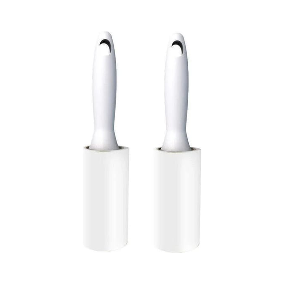 Representative image of two white lint rollers with installed rolls. Kit contains two handles and ten rolls total, including the two installed rolls; remaining refills are not pictured.