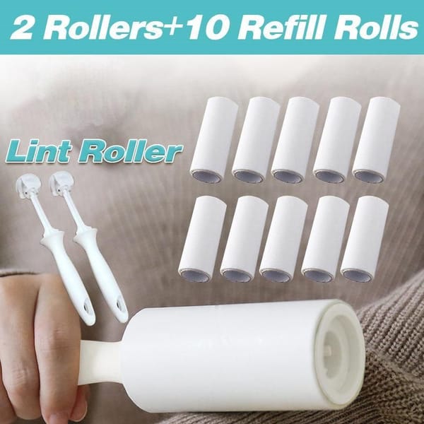 Two white lint roller handles and refill rolls; kit contains ten rolls total including two preinstalled rolls.